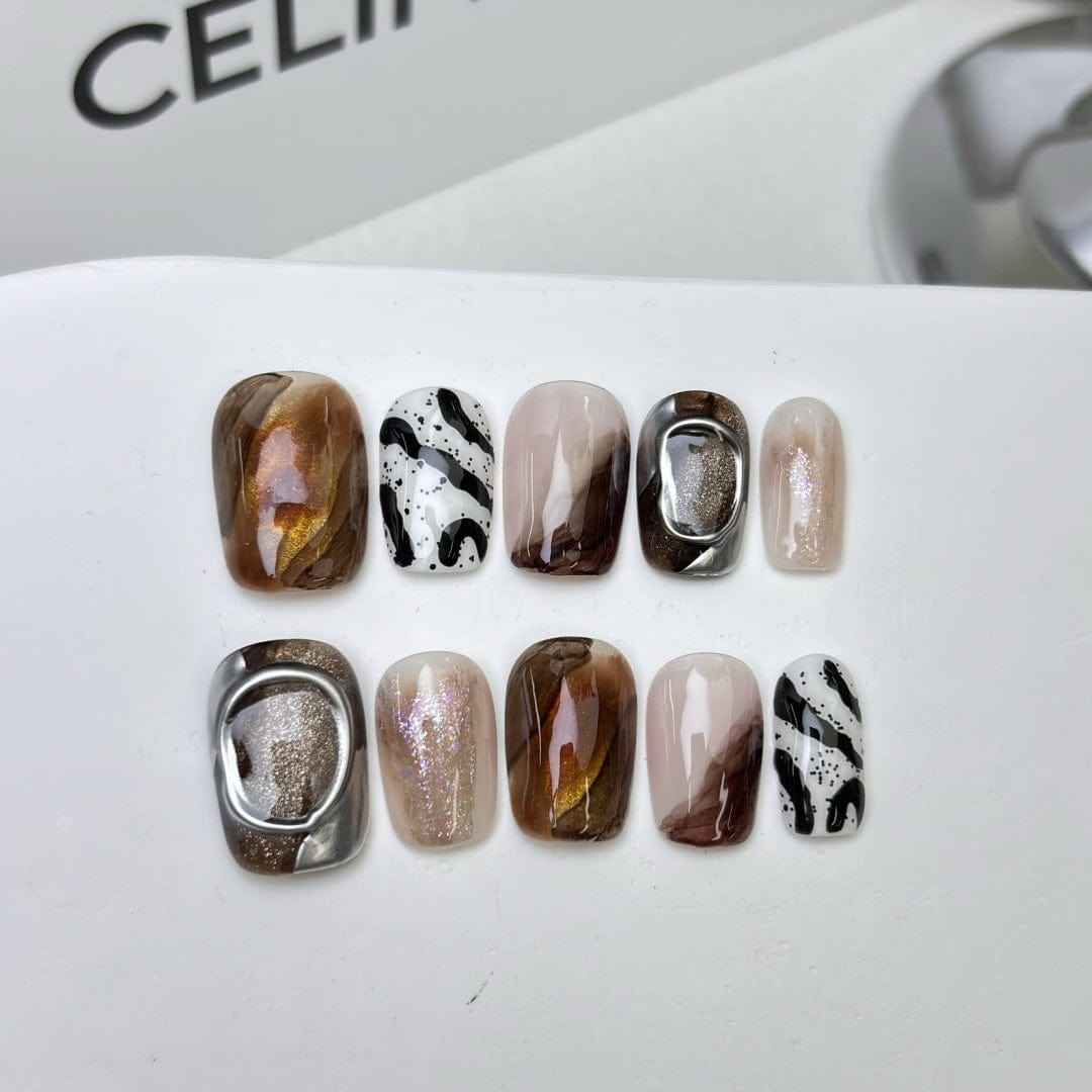 zebra essence - cool short oval white handmade press on nails