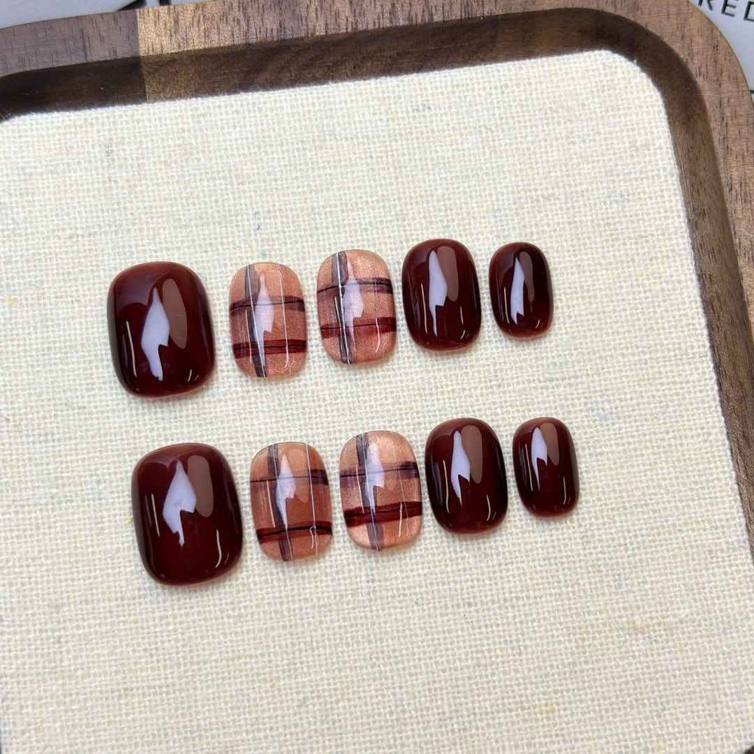 vintage plaid - elegant short oval brown handmade press on nails