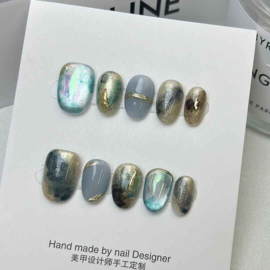 fleeting glow - elegant short oval green handmade press on nails