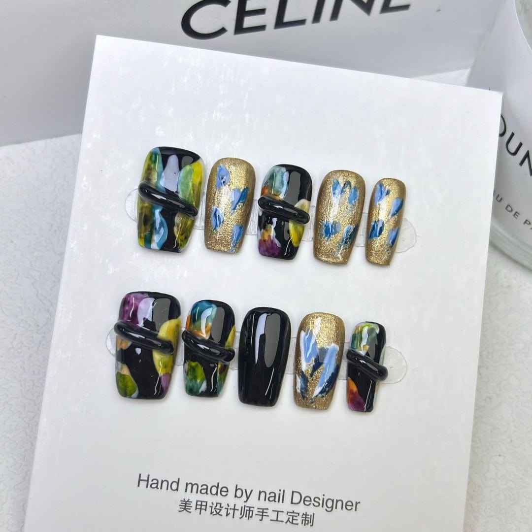 artistic muse - elegant long oval black handmade press on nails