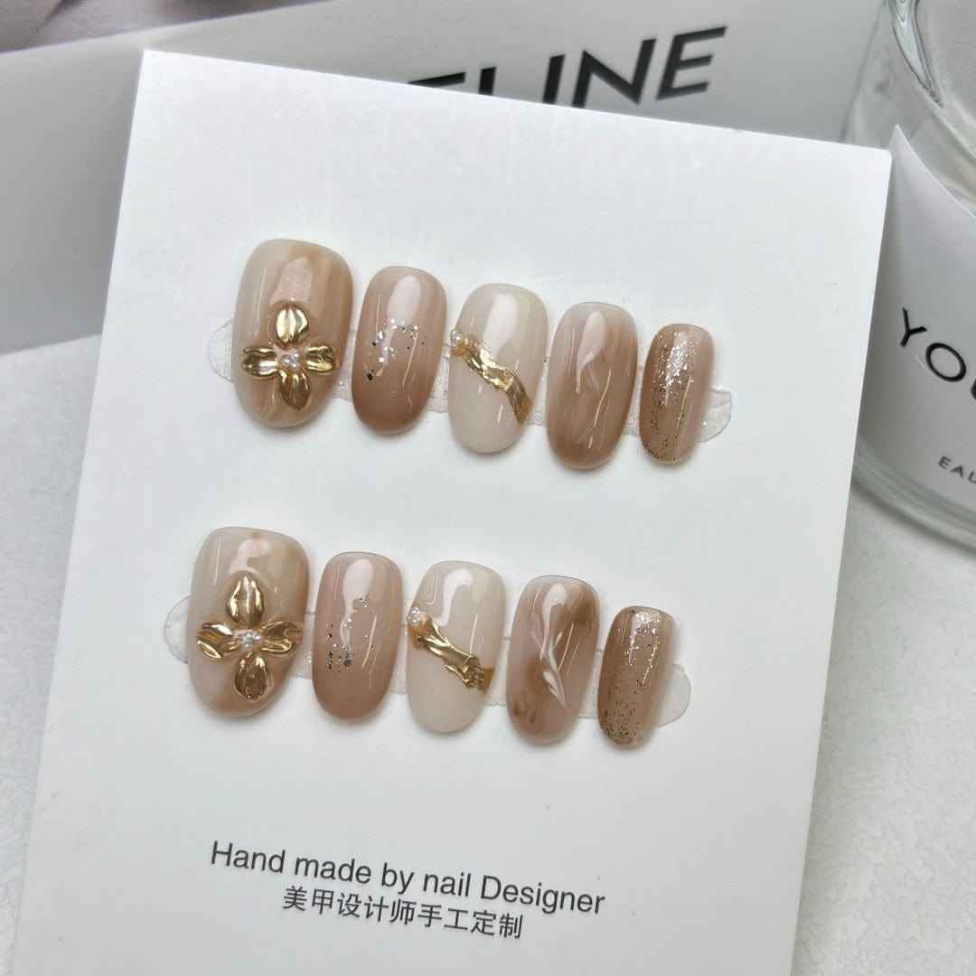 golden osmanthus - elegant long oval pink handmade press on nails