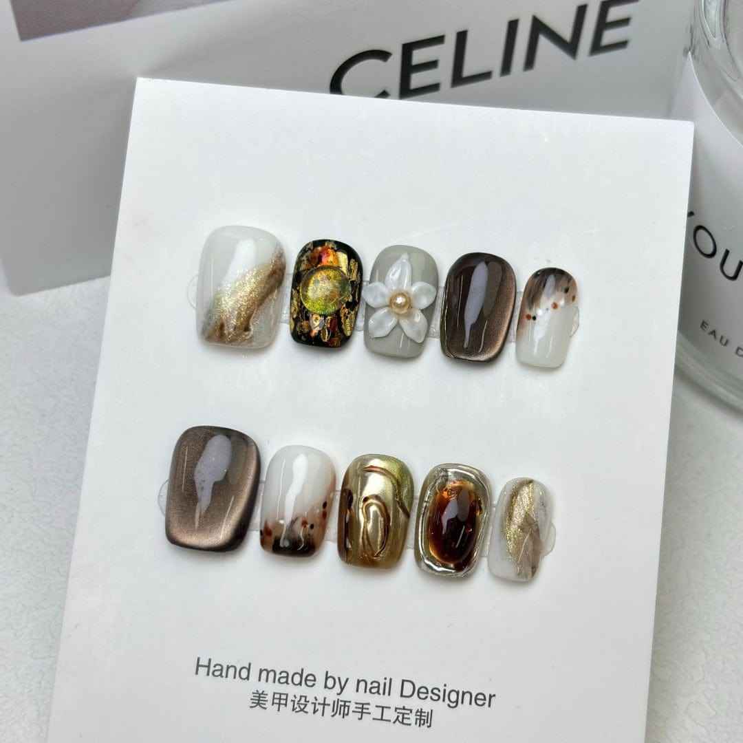 blossom symphony - elegant short oval brown handmade press on nails