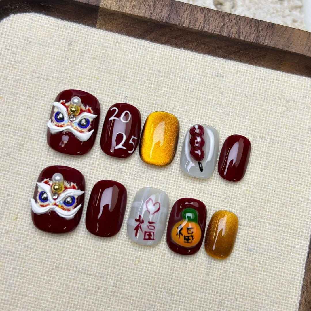 lion awakening - elegant short oval red handmade press on nails