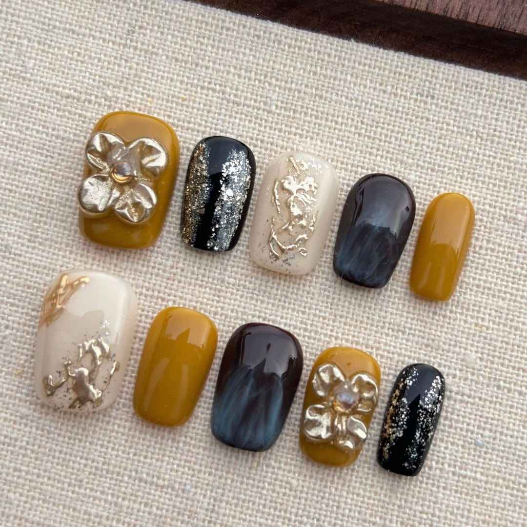 blossom harmony - elegant long oval green handmade press on nails