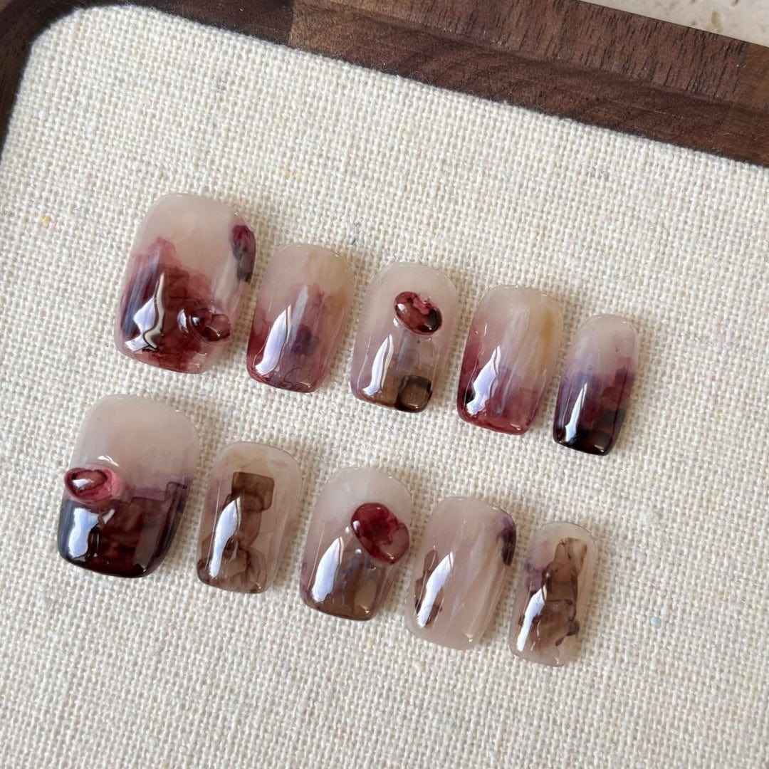 maple glow - elegant long oval red handmade press on nails