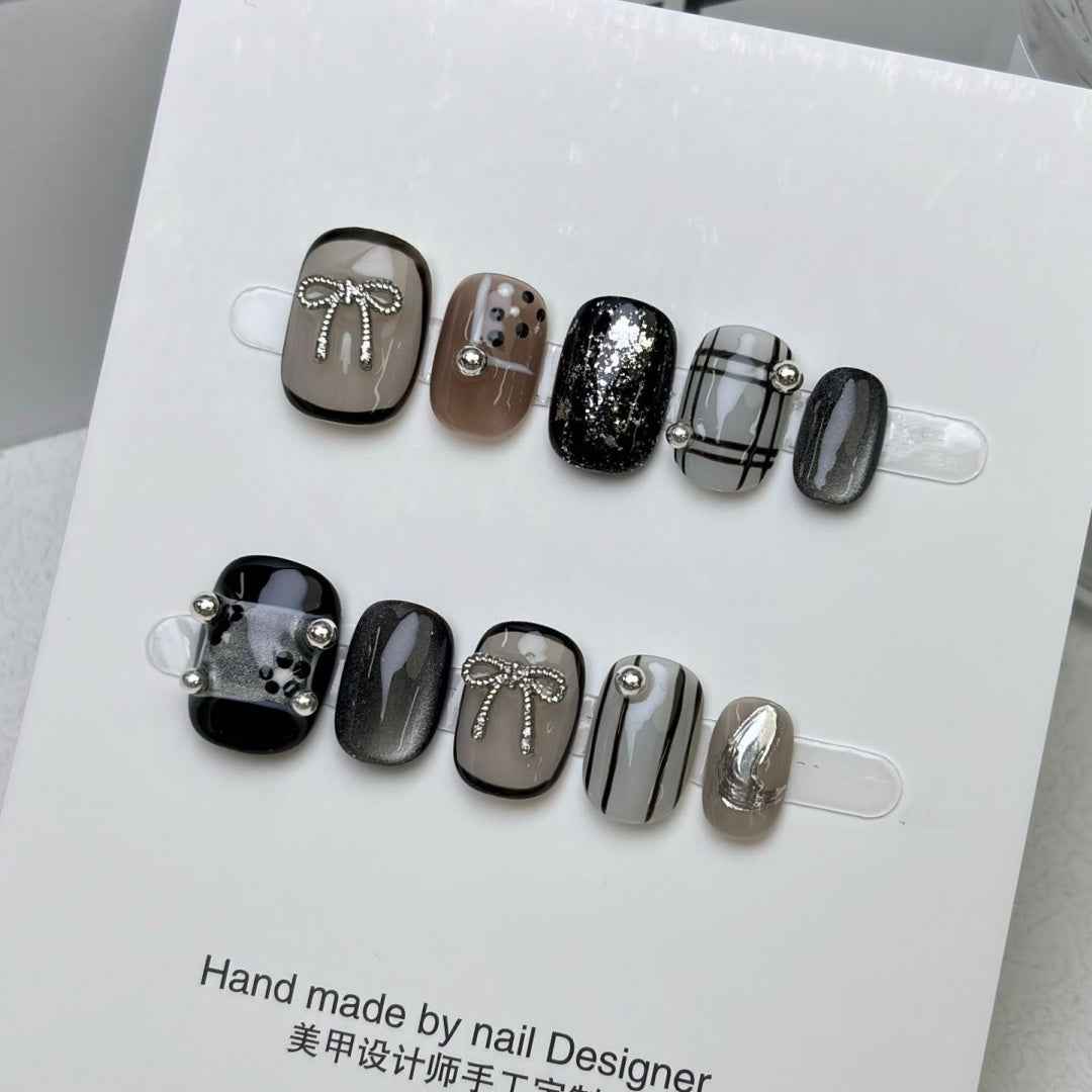 rebel chic - elegant short oval black handmade press on nails