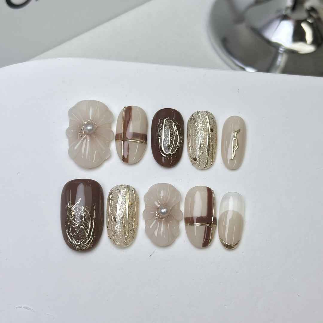 misty blossom - elegant long oval pink handmade press on nails