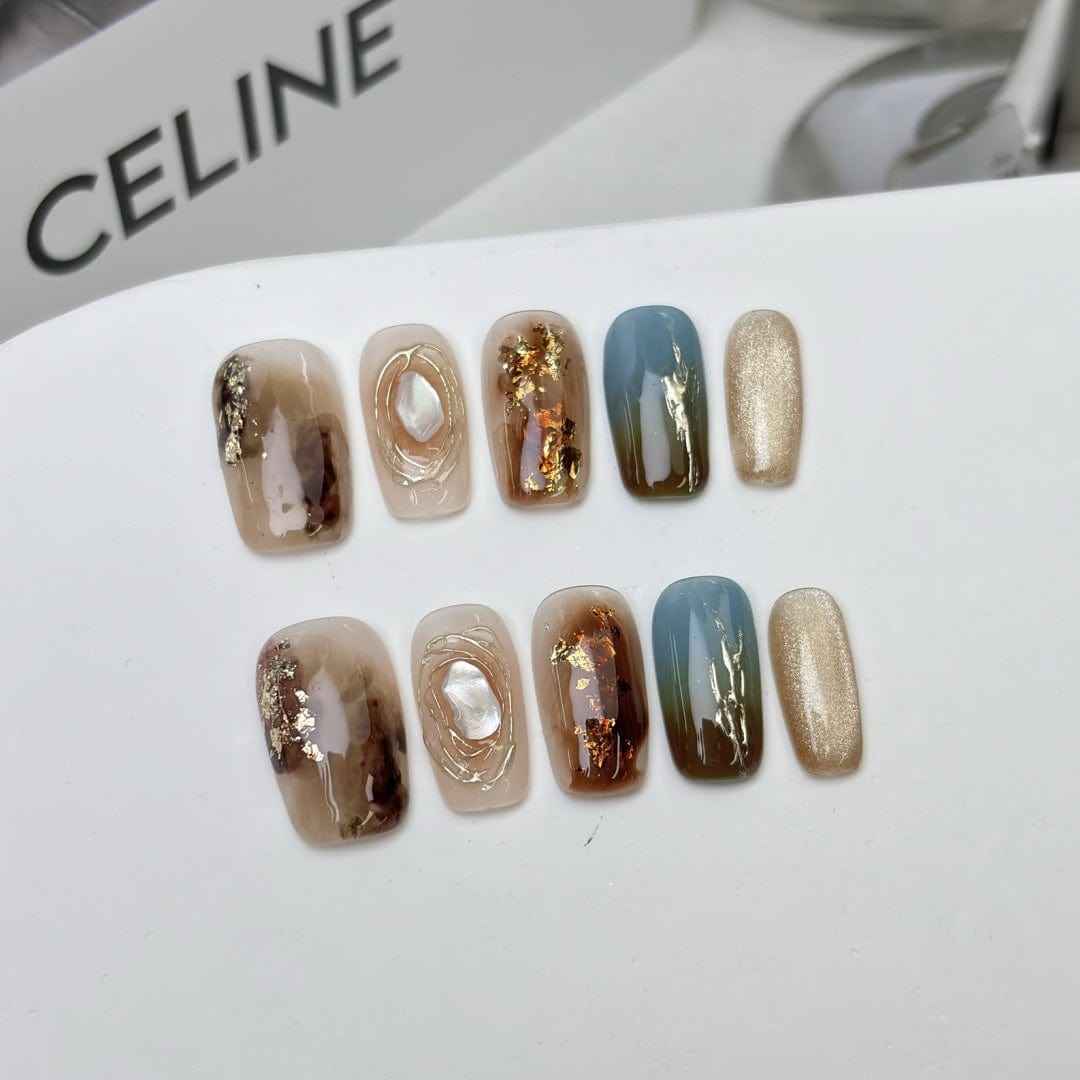 autumn whispers - elegant long oval brown handmade press on nails