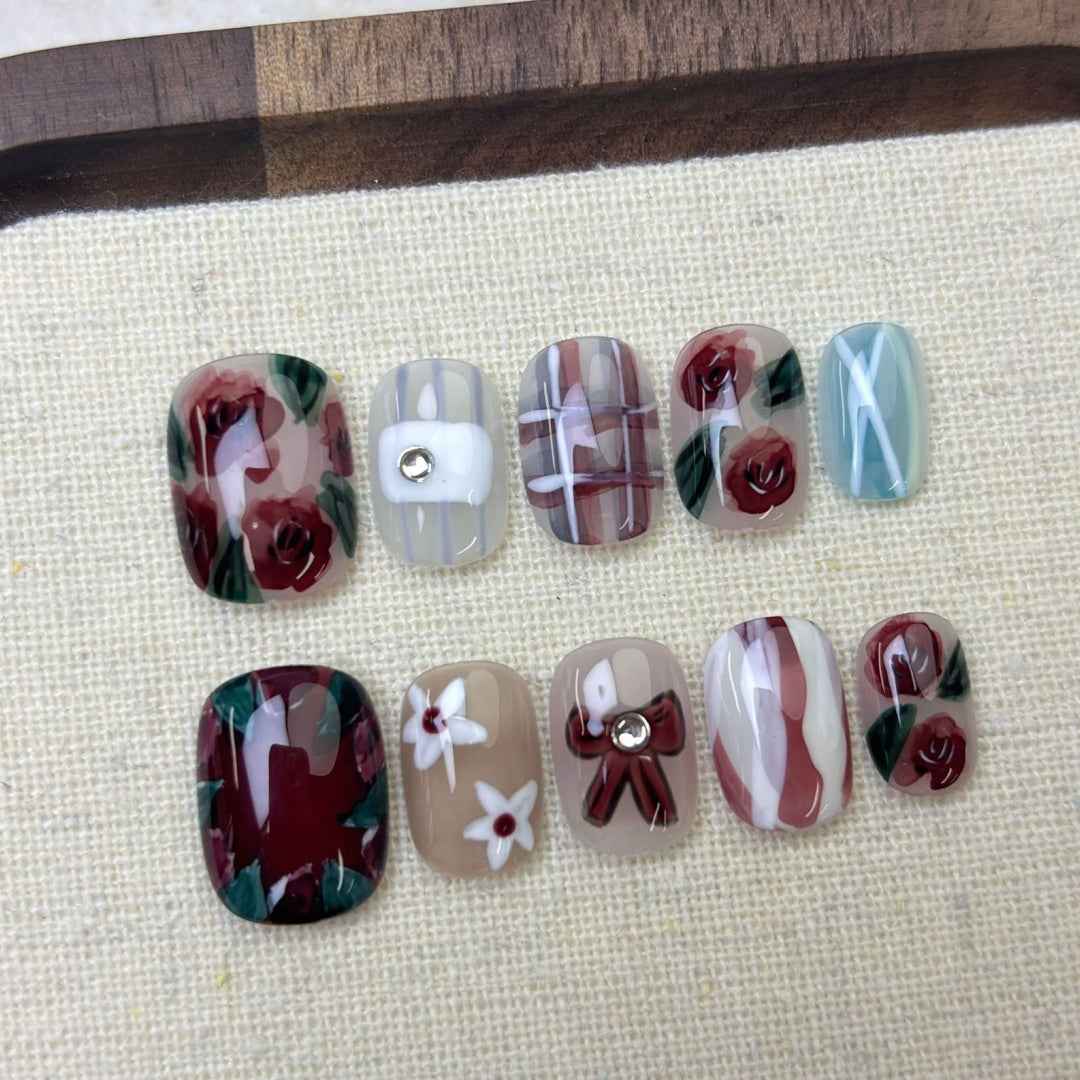 dewdrop rose - elegant short oval red handmade press on nails