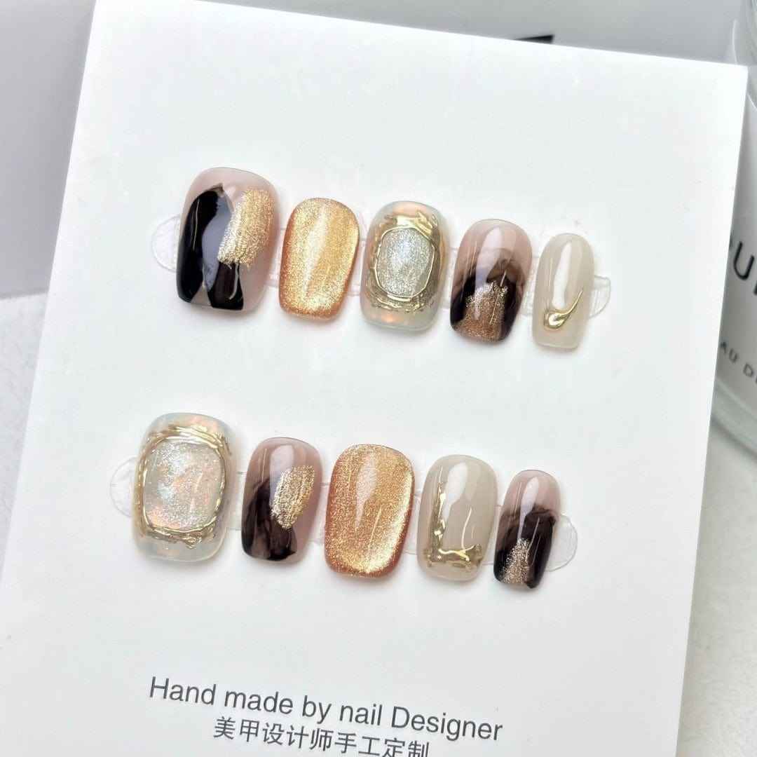 golden breeze - elegant long oval brown handmade press on nails