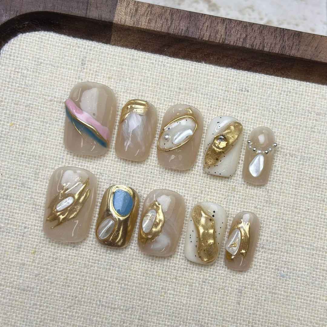 mica mystique - elegant short oval white handmade press on nails