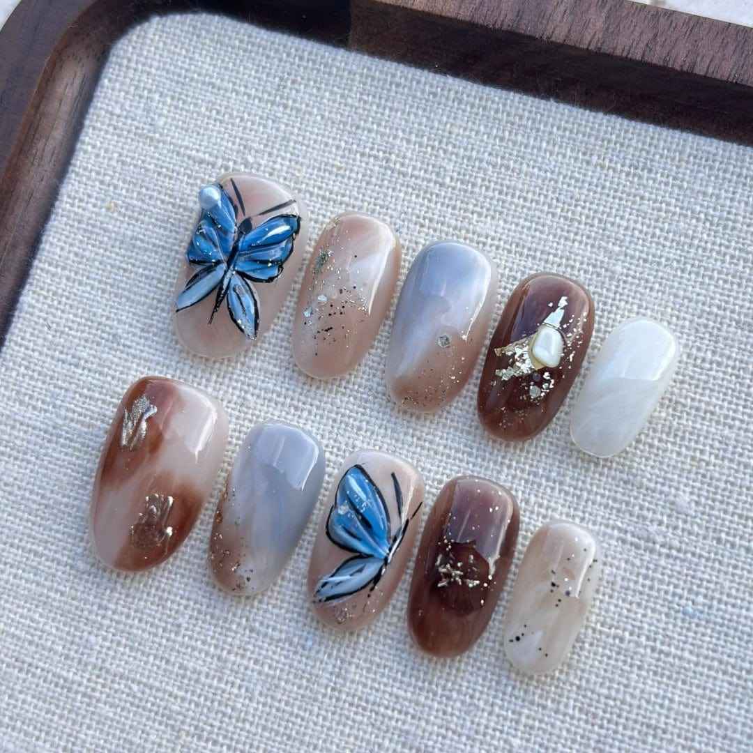 butterfly whispers - elegant long oval blue handmade press on nails