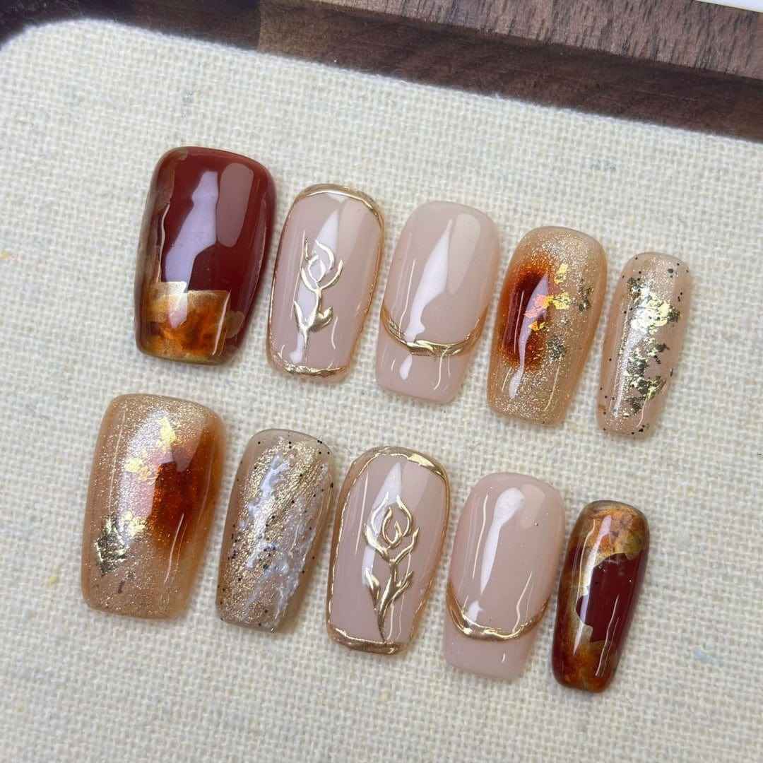 golden rose - elegant long oval brown handmade press on nails