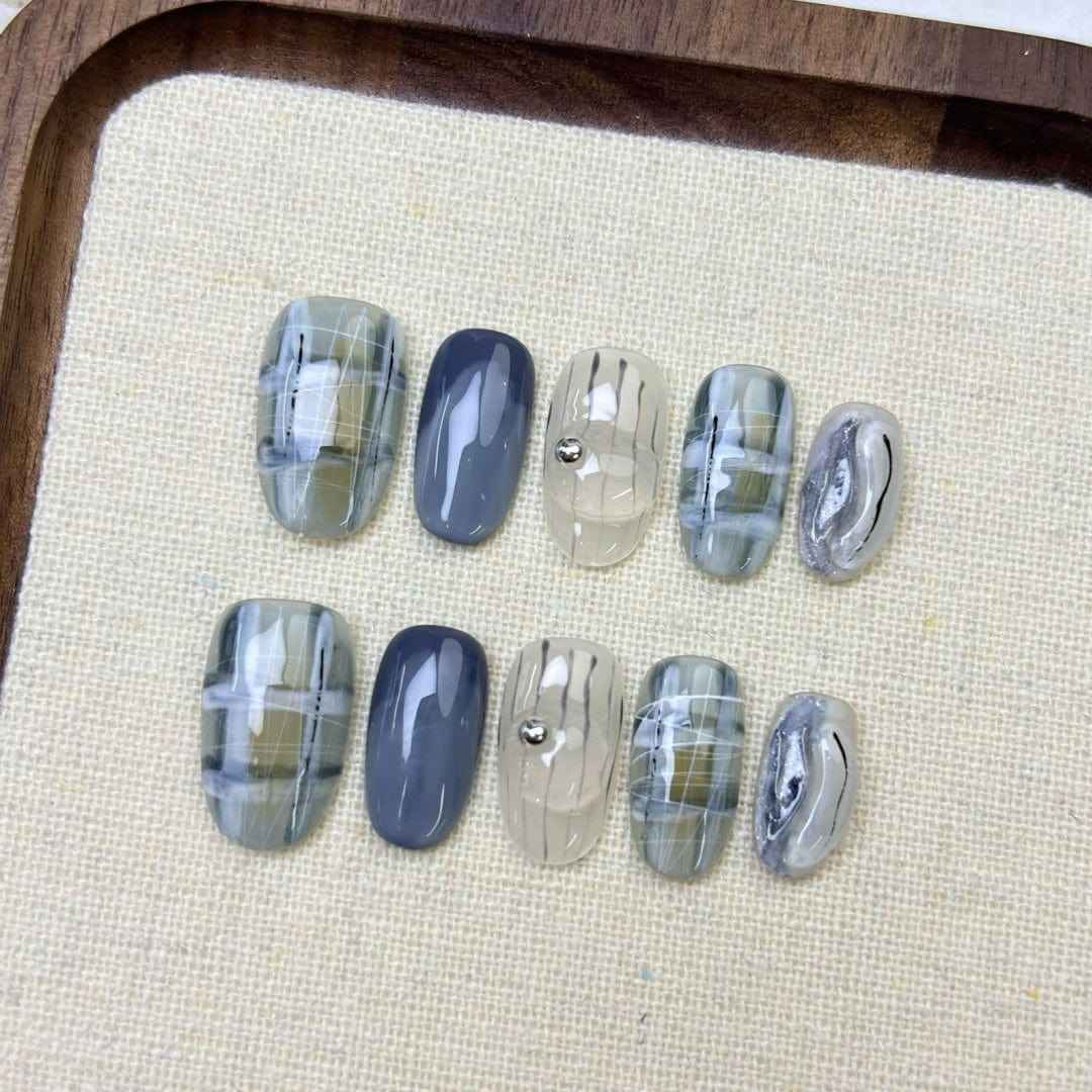 dreamy veil - elegant long oval blue handmade press on nails