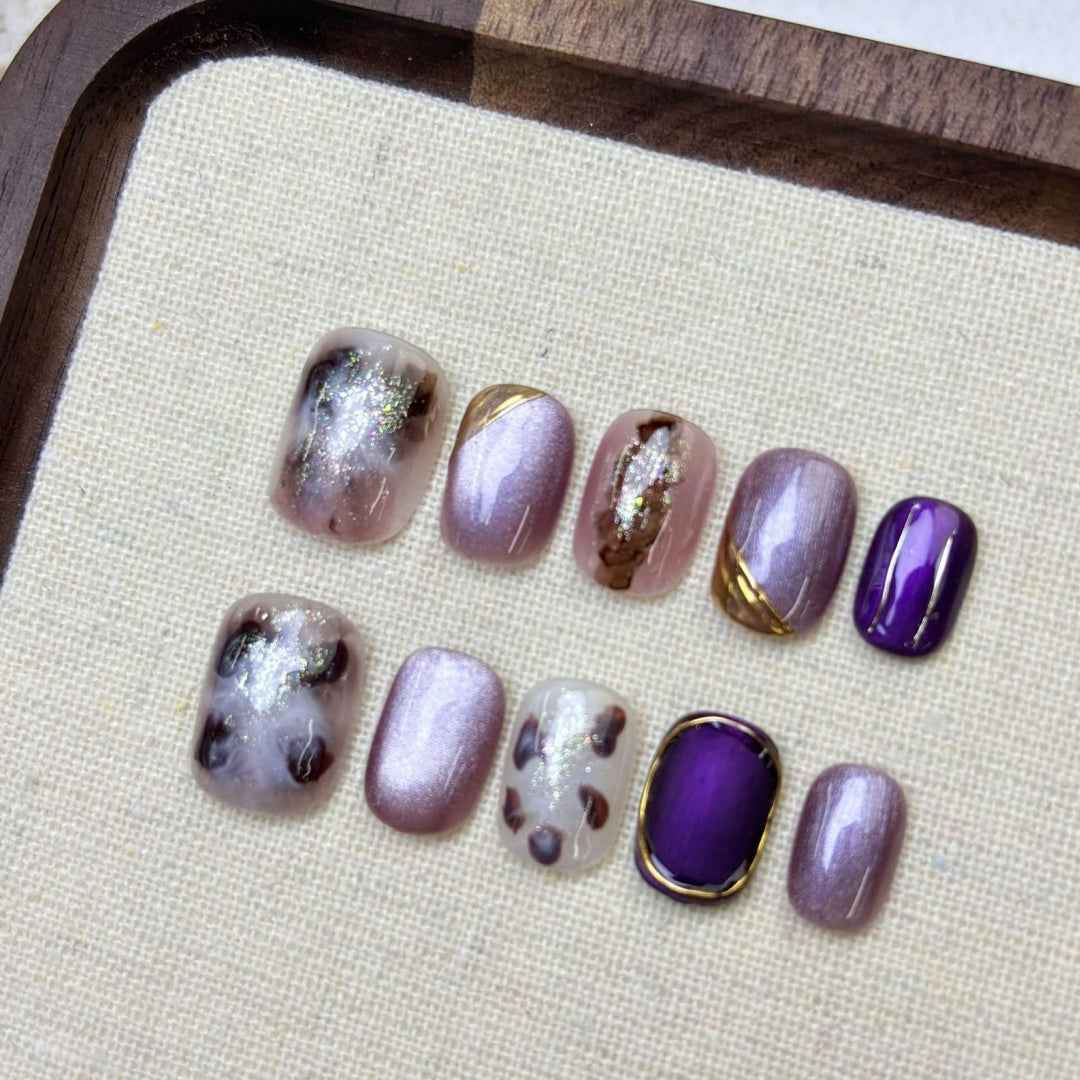 violet whispers - elegant short oval purple handmade press on nails