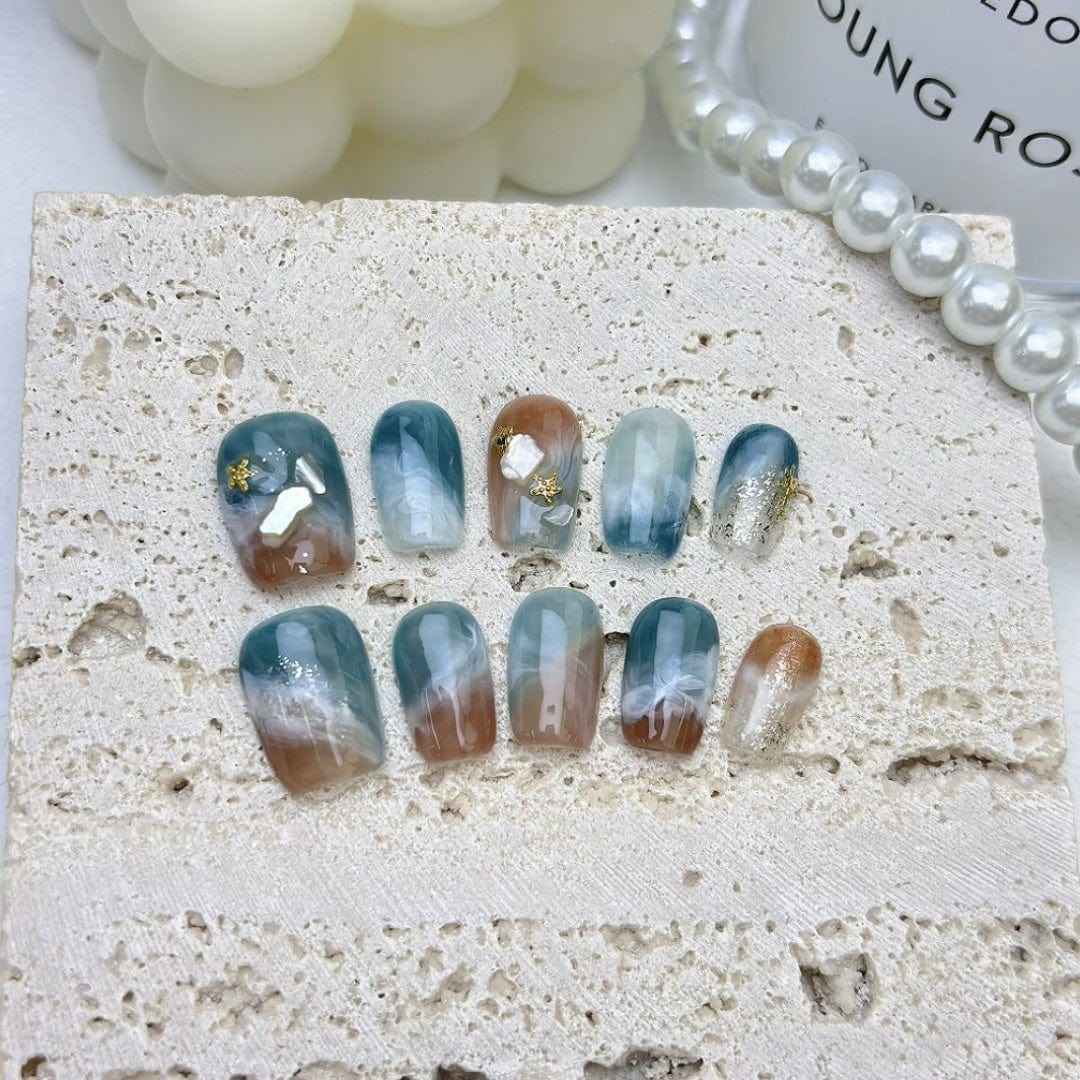 summer waves - elegant long oval blue handmade press on nails