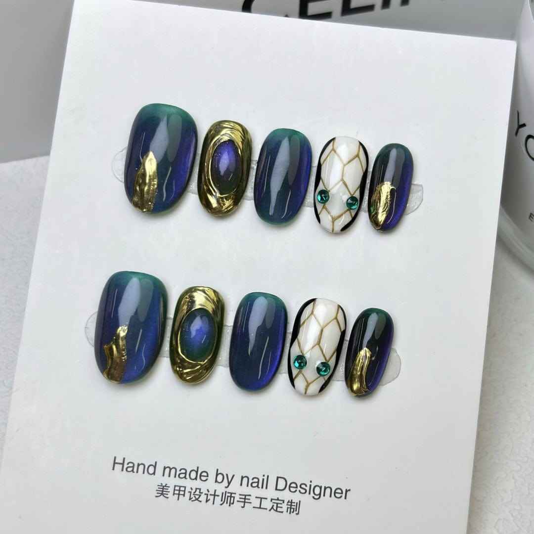 serpent grace - cool long oval blue handmade press on nails