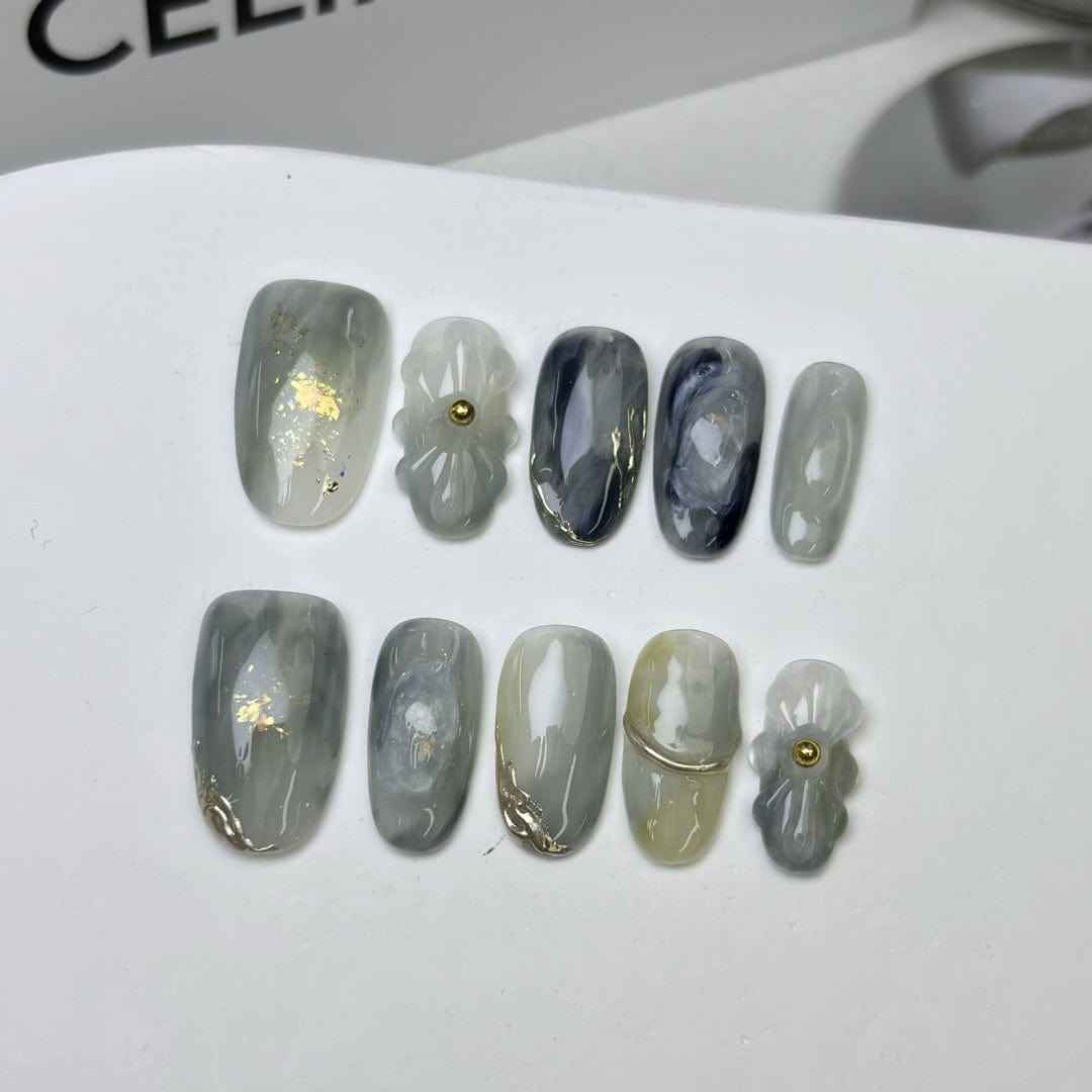 misty haze - elegant long oval green handmade press on nails