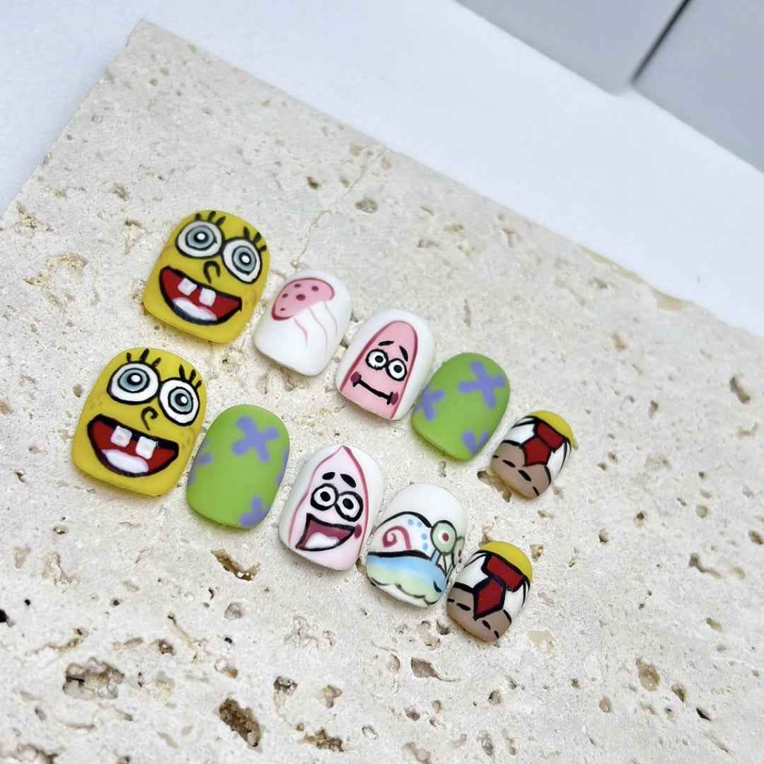 spongebob spark - cute short oval white handmade press on nails