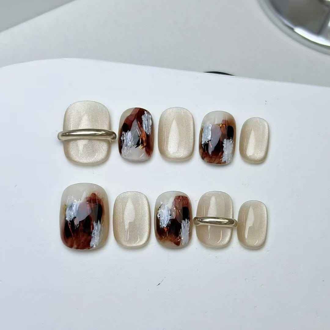 gilded memories - elegant short oval brown handmade press on nails