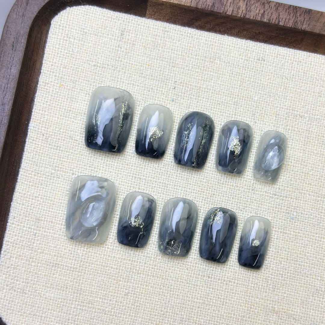 rippling waves - elegant short oval blue handmade press on nails