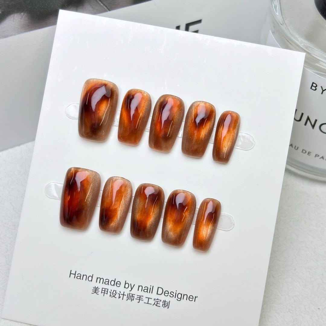 amber glow - elegant long oval red handmade press on nails