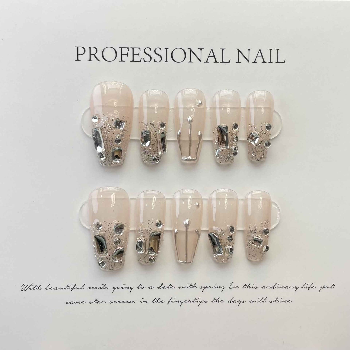 mirrored charm - elegant long coffin nude handmade press on nails