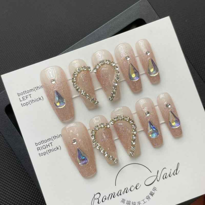 twinkling teardrop - elegant long coffin nude handmade press on nails