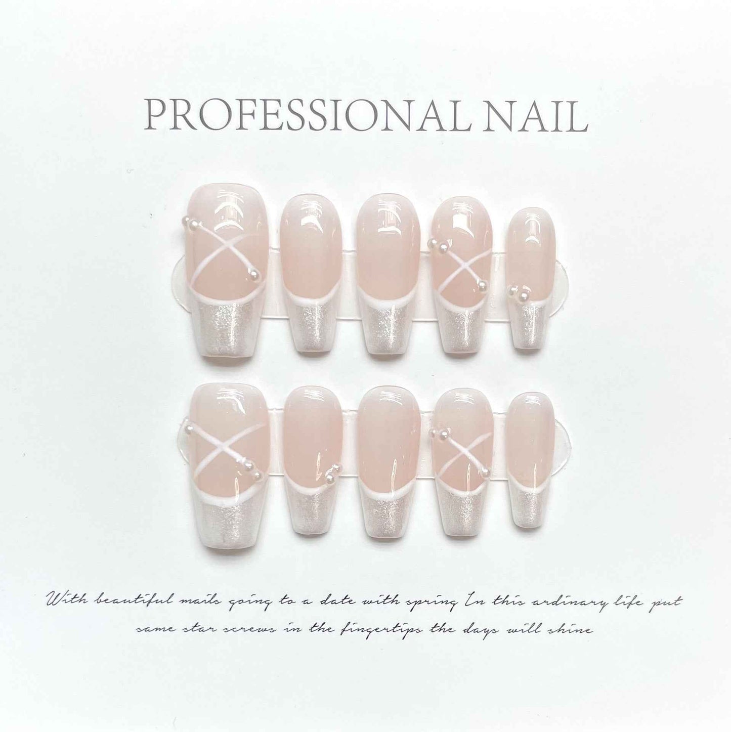 pearl shimmer - sweet long coffin pink handmade press on nails