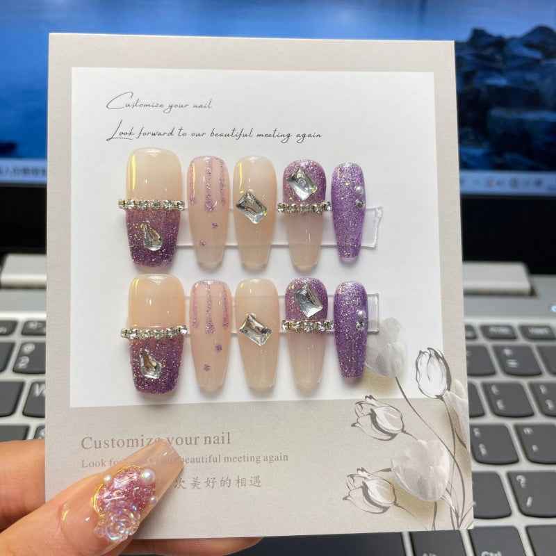 purple haze glitz - elegant long coffin purple handmade press on nails