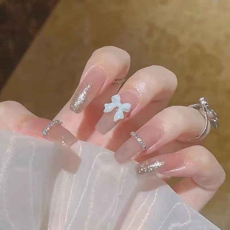 icy sparkle - elegant long coffin nude handmade press on nails