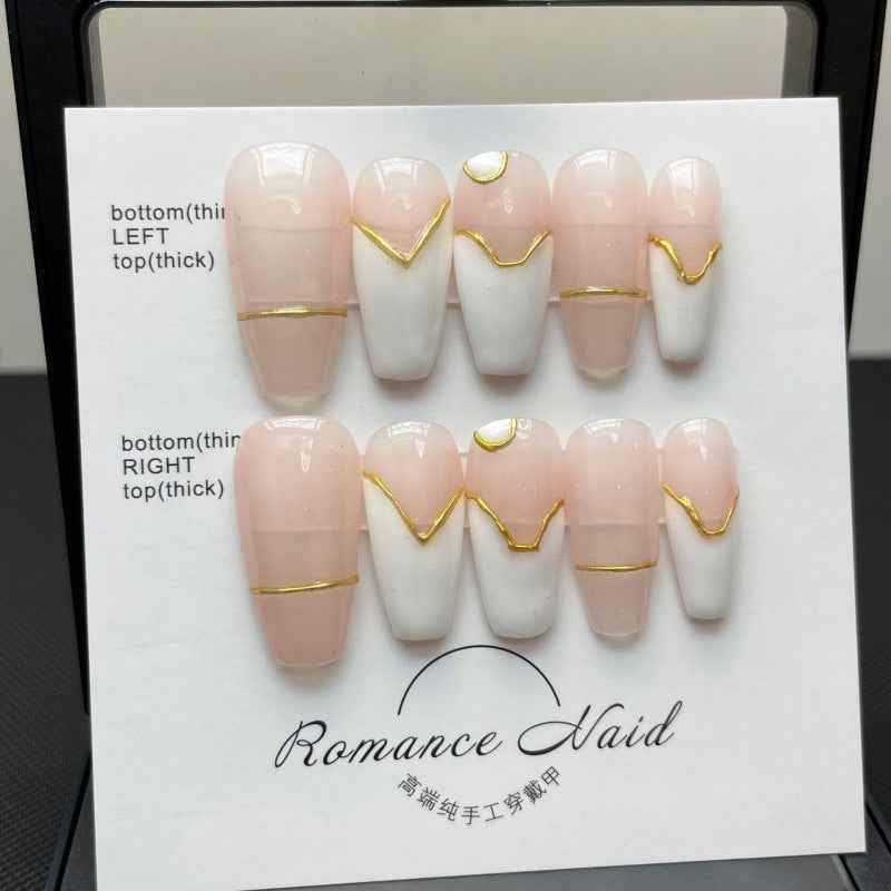 pink gilt - elegant long coffin pink handmade press on nails