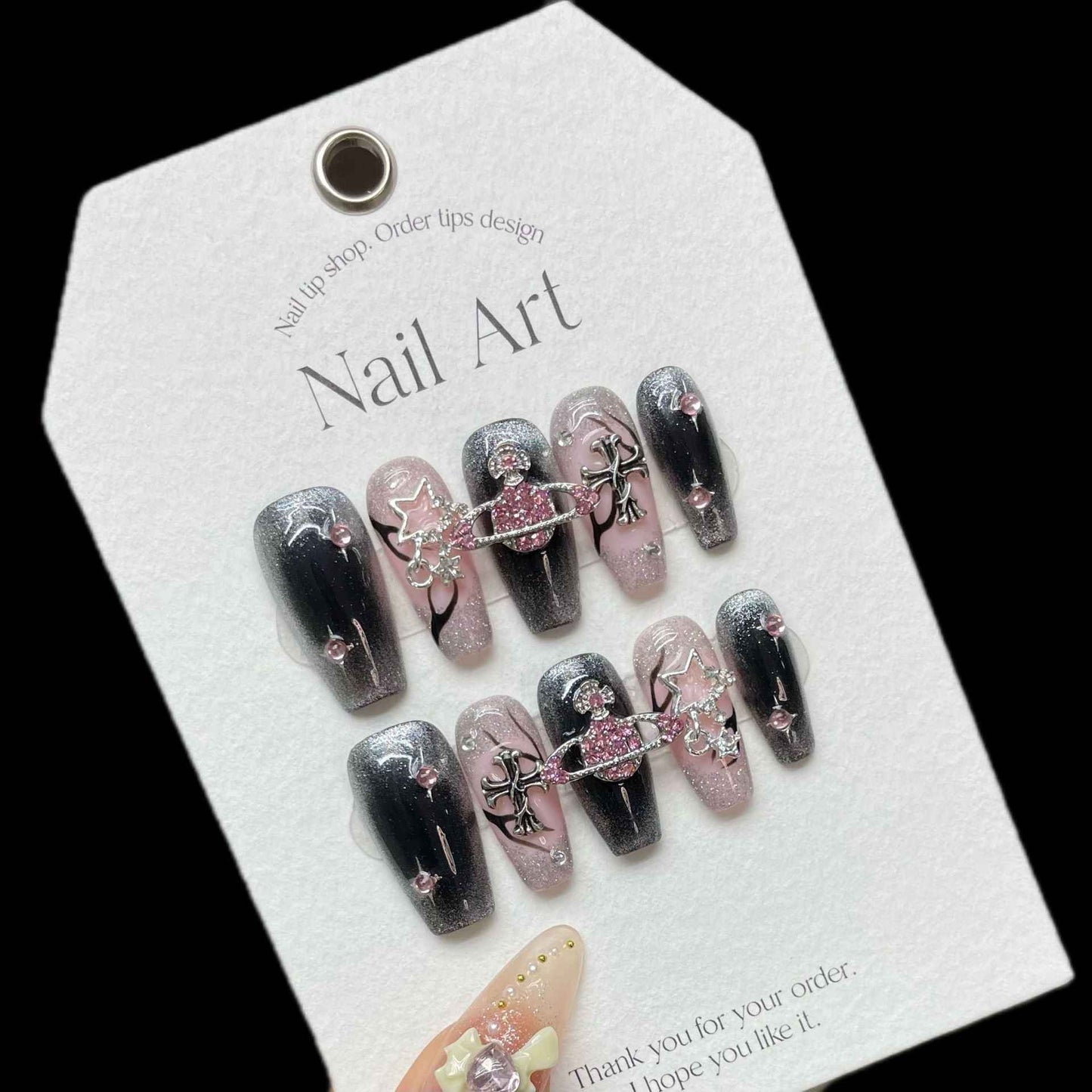 cosmo glitz - cool long coffin black handmade press on nails