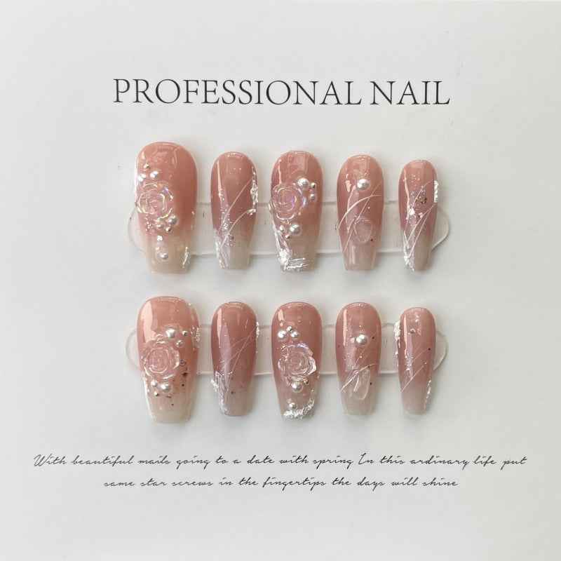 rose quartz radiance - elegant long coffin pink handmade press on nails
