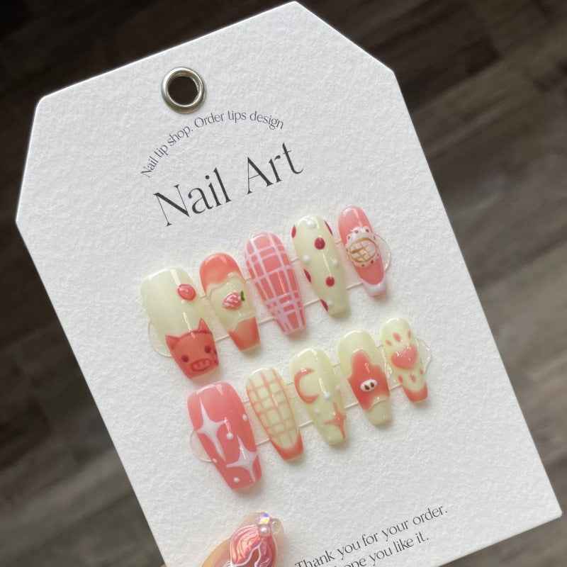 candy piglet parade - cute long coffin pink handmade press on nails
