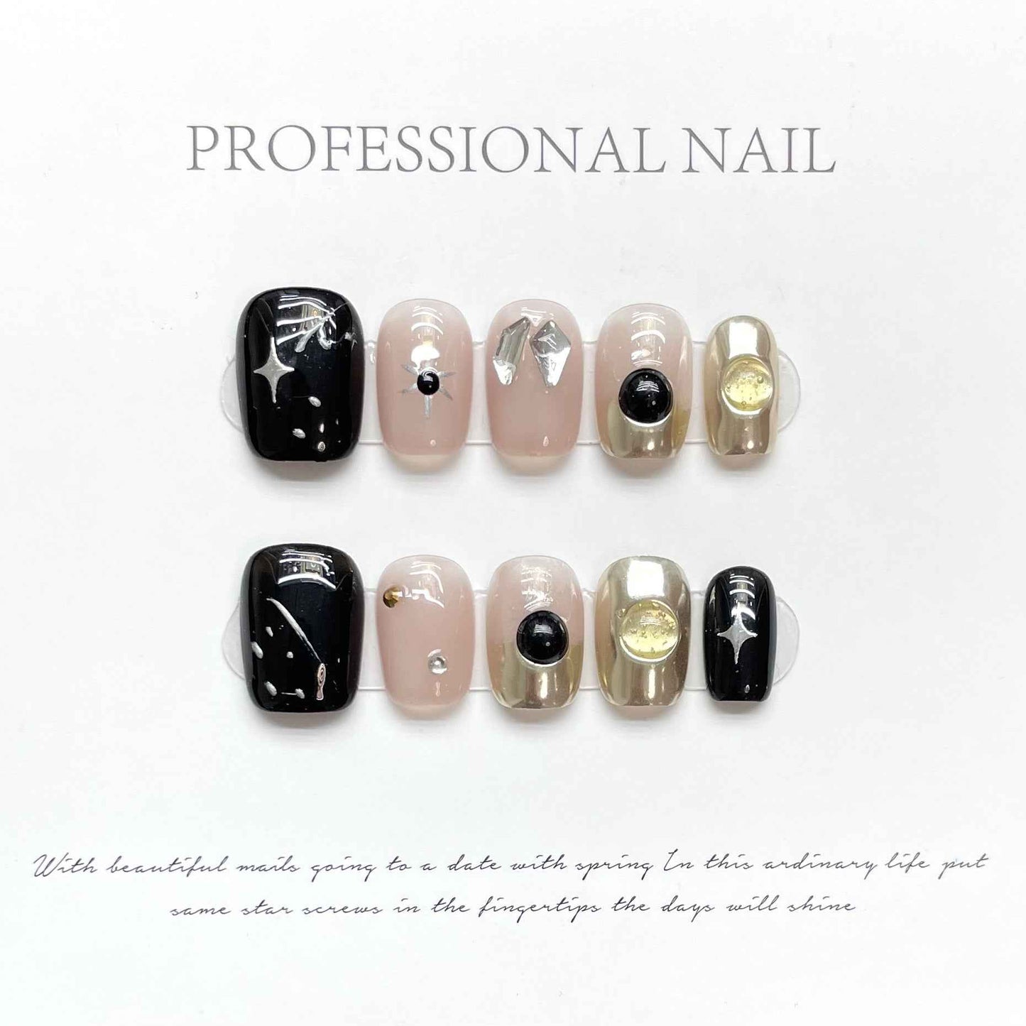 noir starlight - elegant ultra short coffin black handmade press on nails