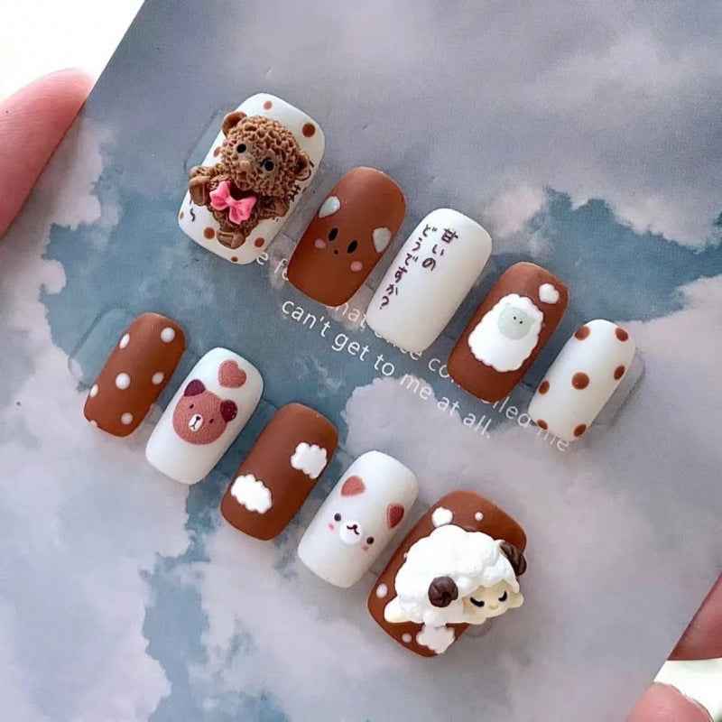 bubbly sheep winks - cute medium square brown handmade press on nails