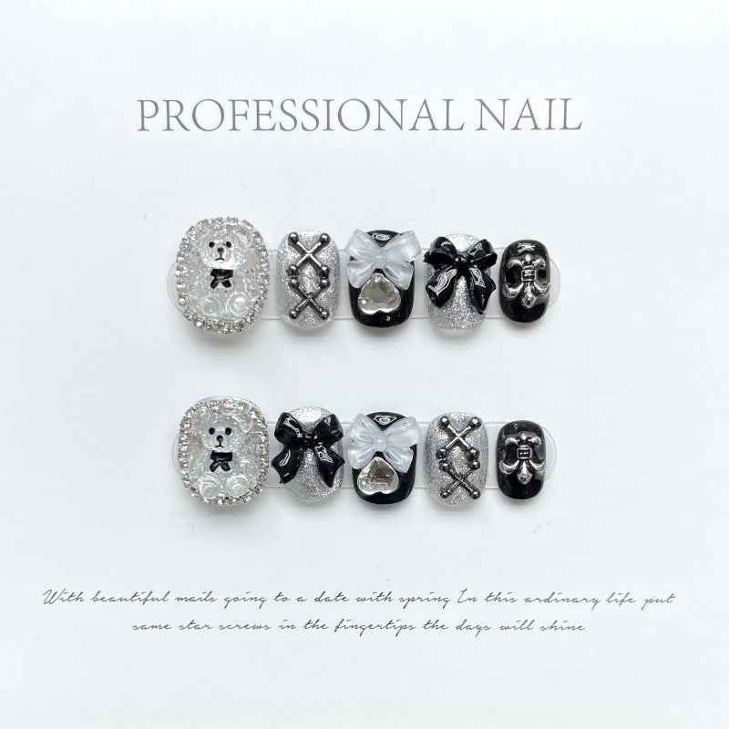 silhouette shine - cool short oval black handmade press on nails