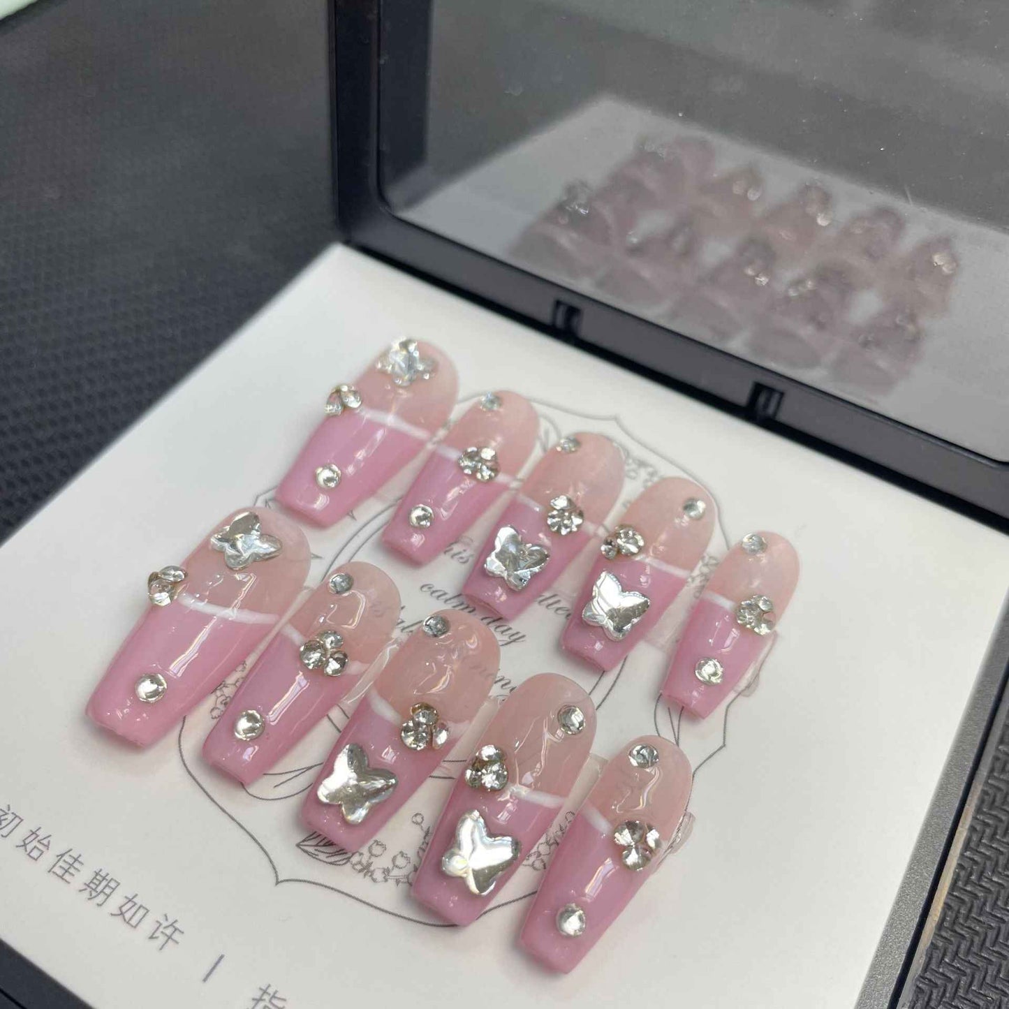 glimmering pink - cool long coffin pink handmade press on nails