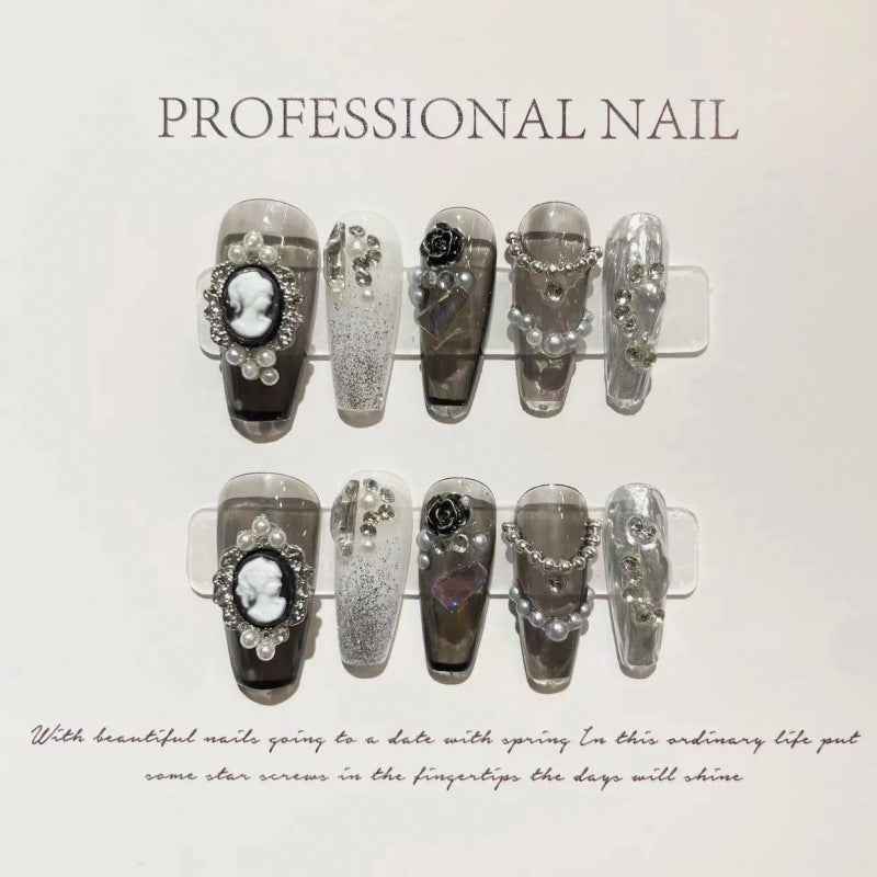 pearl noir elegance - cool long coffin black handmade press on nails