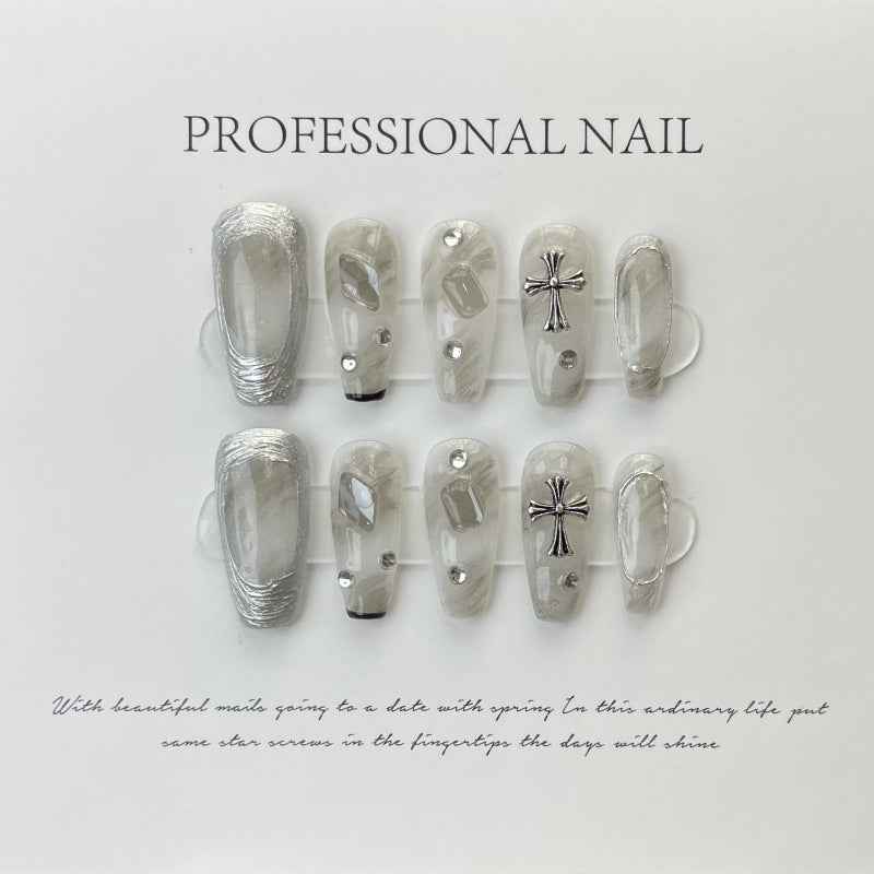 silver sleek - elegant long coffin silver handmade press on nails