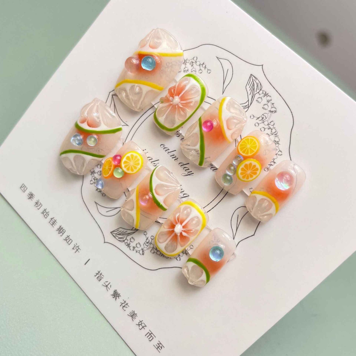 citrus bloom summer medium square orange handmade press on nails