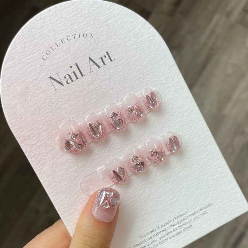pink crystal grid - elegant short oval pink handmade press on nails