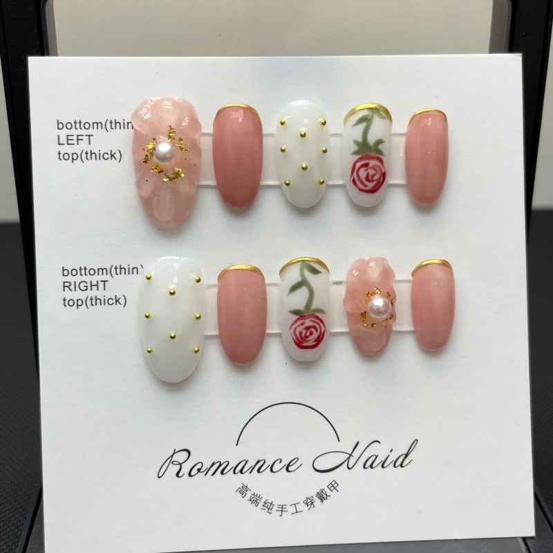 rosebud romance - sweet long oval pink handmade press on nails