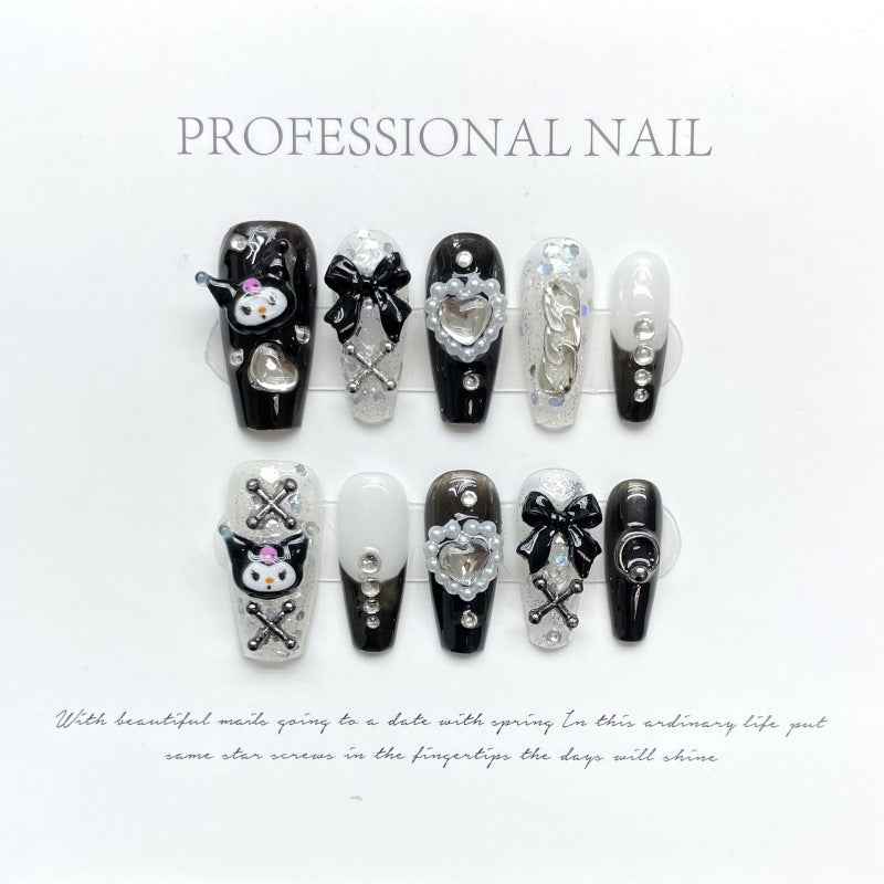 whimsical charm - cool long coffin black handmade press on nails