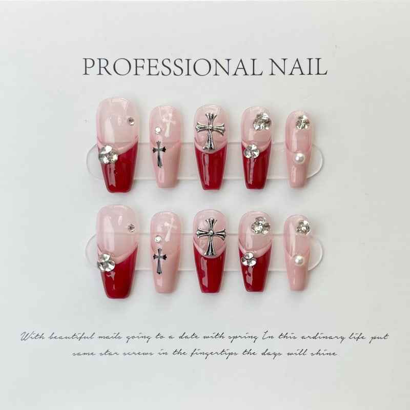 crimson kiss - elegant long coffin pink handmade press on nails