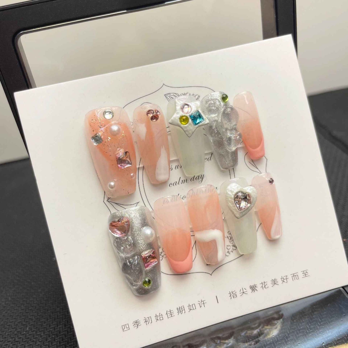 jeweled rhapsody - cool long coffin orange handmade press on nails