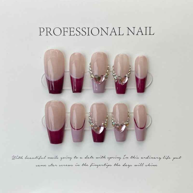 burgundy bliss accents - elegant long coffin pink handmade press on nails