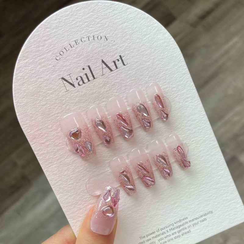 pink crystal cascade - elegant long coffin pink handmade press on nails