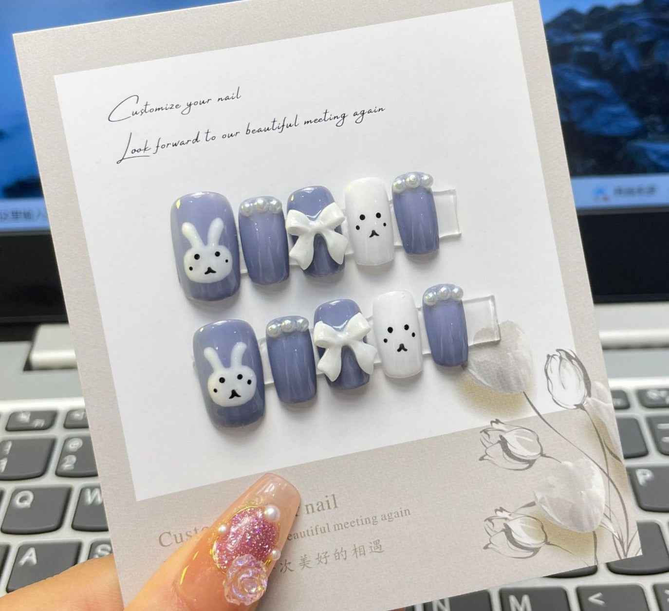 bunny bliss - cute medium square blue handmade press on nails